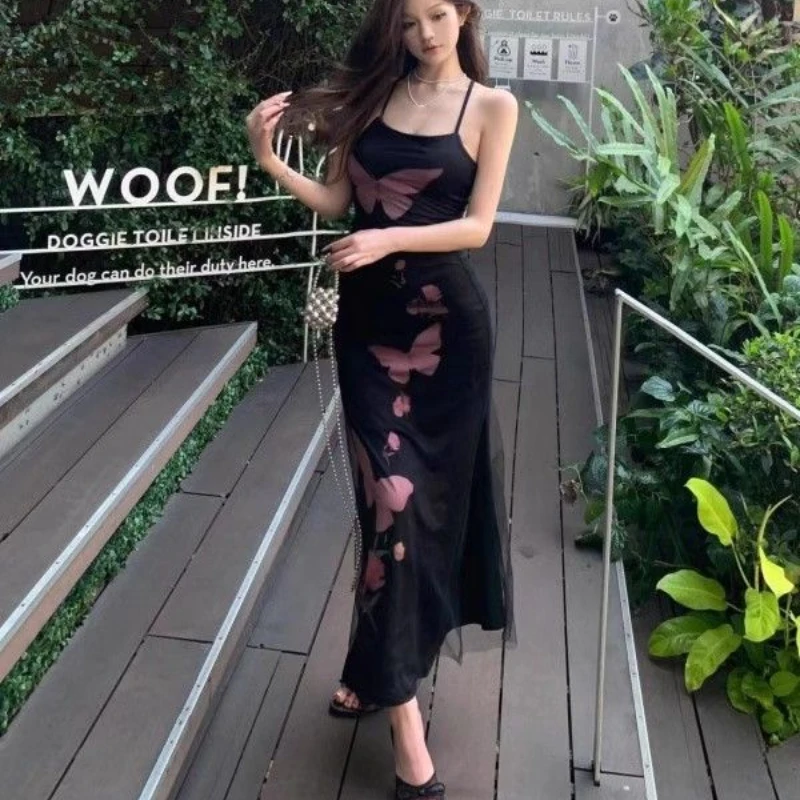 

HOUZHOU Sexy Black Party Dresses Women Mesh Butterfly Print Elegant Maxi Dress Vintage Slim Up Fashion Vacation Dress Summer