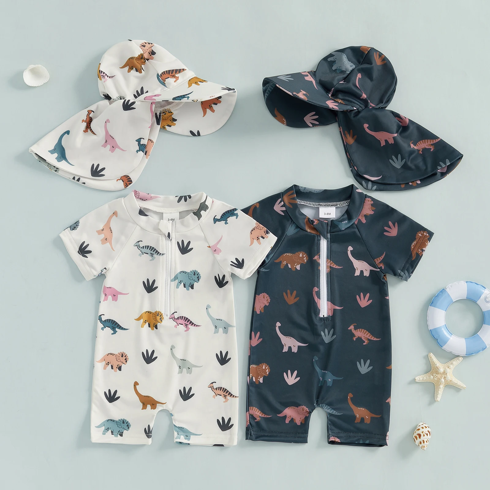 Citgeett Summer Toddler Boys Swimsuit Playsuits Cartoon Print Zipper Short Sleeve Bathing Suit Cap Clothes