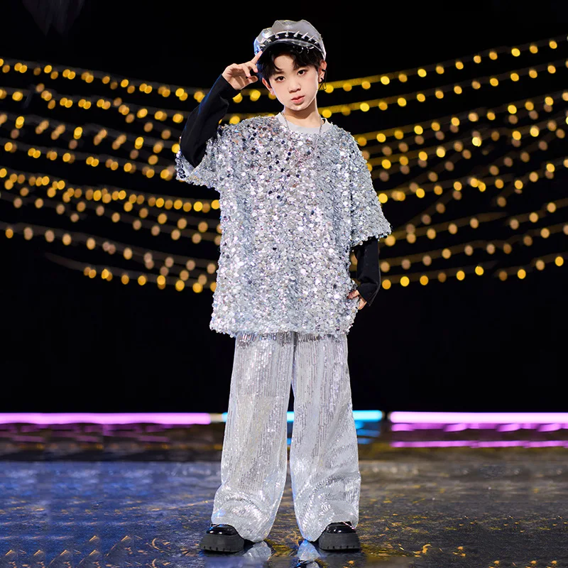 Kids Hip Hop Dance Kpop Outfit Girls Silver Sequins jazz Clothing