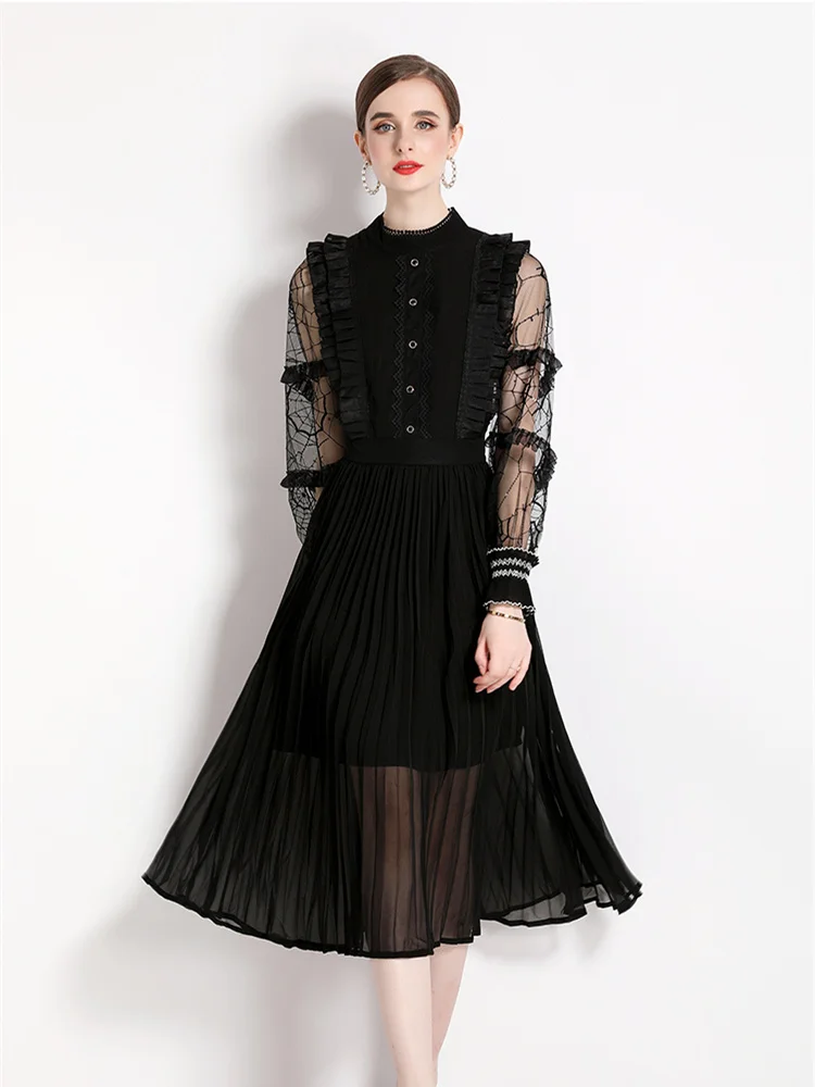 

Vintage Black Mesh Patchwork Chiffon Mid-length Dress Robes Femme Chic Perspective Long Sleeve Ruffles Trim Pleated Long Vestido