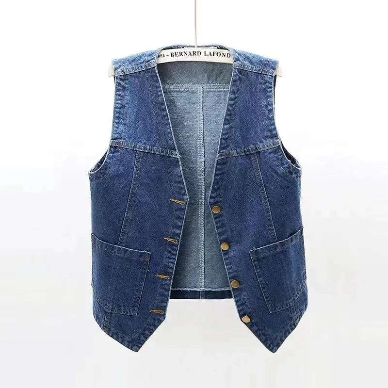 2025 Spring Summer new Fashion V-Neck Denim Vest Women Short Sleeveless Jacket Casual Single-Breasted Jean Waistcoat Female T382
