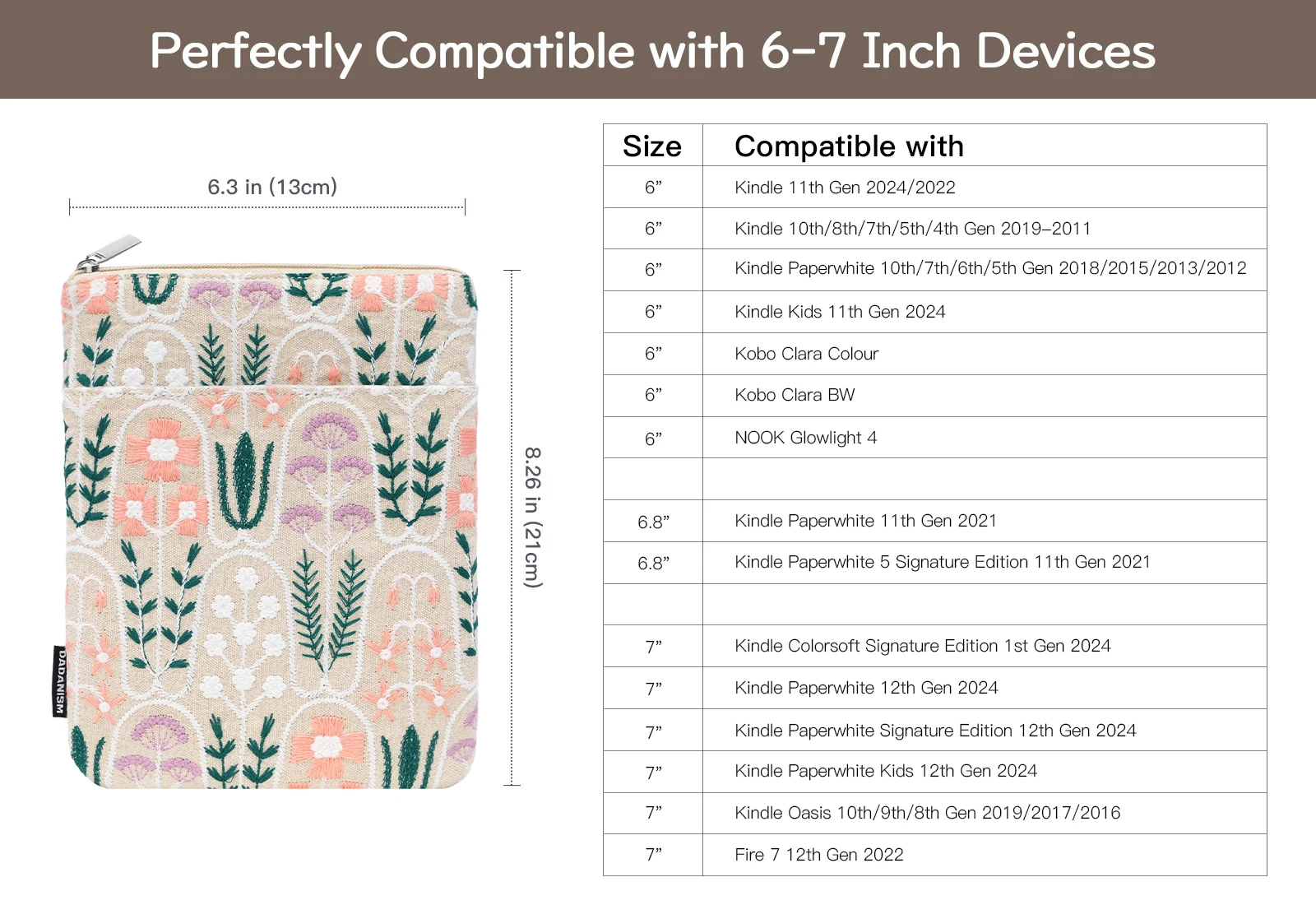 Daisy Flower Embroidered E-Reader Sleeve - Protective Carrying Case
