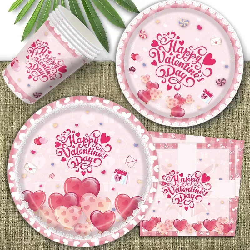

8Guests Pink Heart Valentines Day Disposable Tableware Love Heart Candy Plates Cups Napkins Happy Valentine's Day Party Supplies