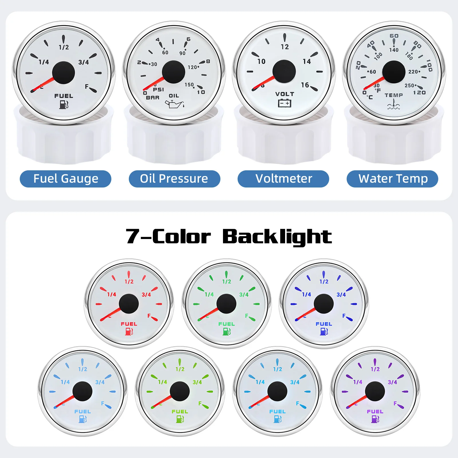 12V24V 겸용 52MM 4 게이지 키트 (2개 센서 포함) 수온 + 오일 압력 + 연료 레벨 + 전압계 (모든 차량 및 선박용)
