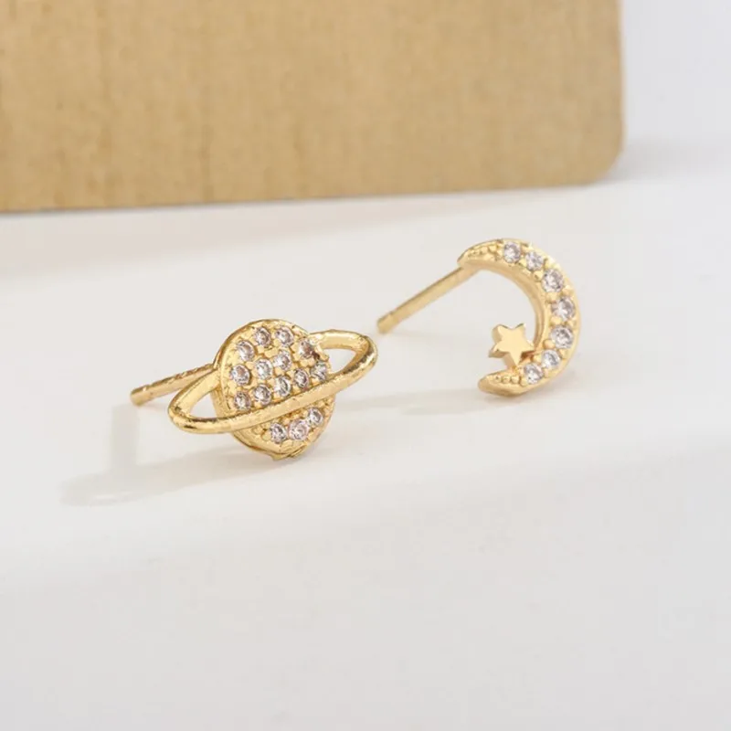 Elegant Inlaid Zircon Asymmetrical Star&Moon Stud Earrings for Women New Fashion Earring Party Jewelry Gifts