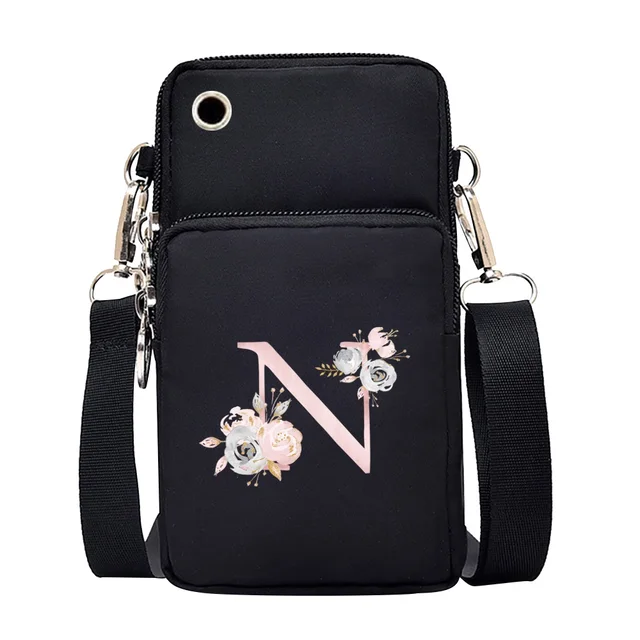 Waterproof Mobile Phone Bag for Iphone/huawei/xiaomi/samsung Universal Pink Flower 26 Letters Cell Phone Case Women Wrist Pack 7Pink flower N