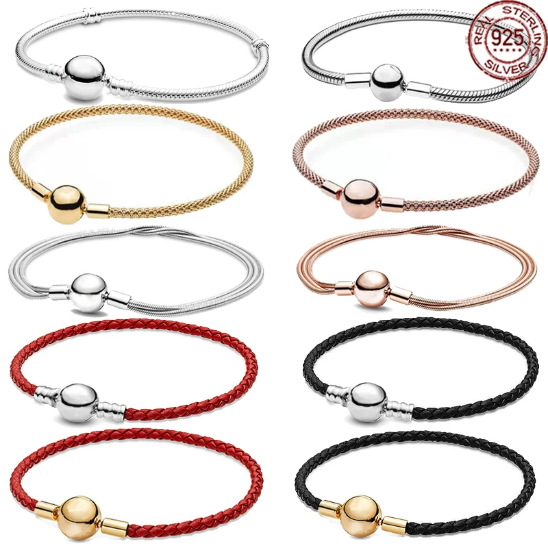 

Classic Fashion Round Buckle Series Bracelet 925 Sterling Silver Leather Bracelet fits Original Charm Beads DIY Women's Jewelry