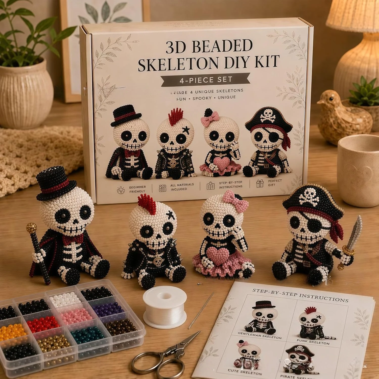 Kit Creativo 3D per Scheletri con Perline, Set Artistico Fai-da-Te Unico con Istruzioni, Regalo Perfetto per Bambini e Adulti, Divertente Set da 4 Pezzi - immagine 2