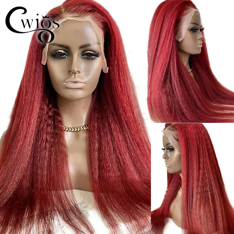 

Kinky Straight Red 99J Burgundy Color Yaki Transparent Synthetic 13X4 Lace Front Wigs For Women Preplucked Drag Queen Cosplay
