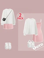 Plus Size Pendant Pleated Dress White Shirt Holiday Casual Two Piece Suit Teenage Style Graduation Season Sweetie - Image 2
