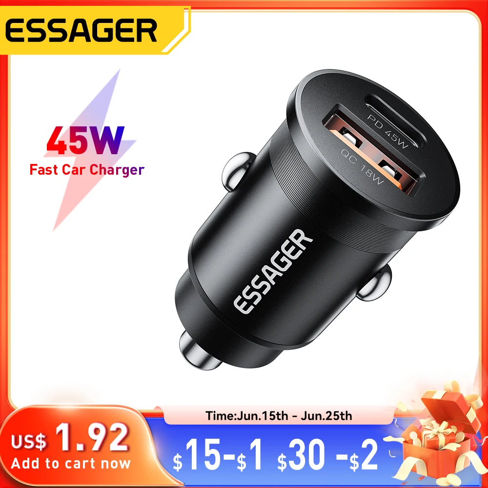 Essager 45W Car Charger Fast Charging Dual Port PD QC3.0 Type-C Quick Charger for iPhone 16 15 14 Samsung Xiaomi Huawei Oppo