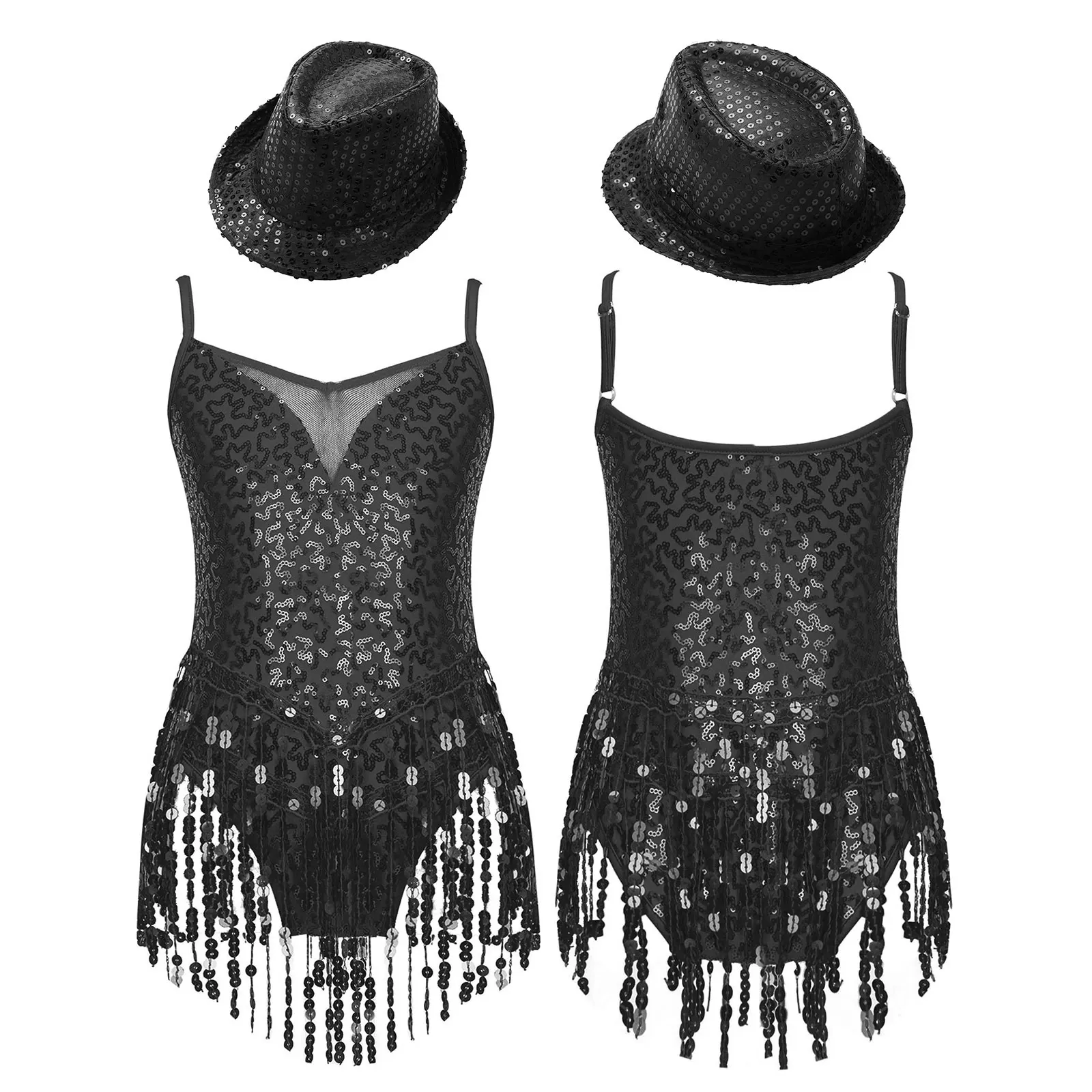 Kids Girls Dance Leotard Shiny Sequins Tassel Hem Mesh Patchwork Sleeveless with Hat for Jazz Latin Dance Stage Performance