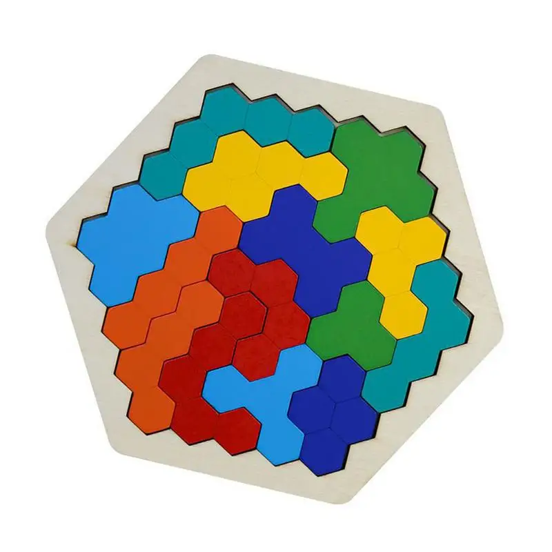 

Wooden Hexagon Tangram Puzzle Geometry Shape Blocks Toy Geometry Shape Brain Games For Toddlers Kids Family Portable Puzzles