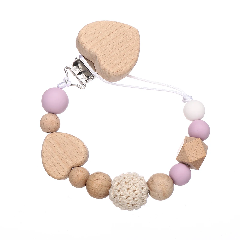 Handmade Heart Wooden Pacifier Clip Silicone Beads Natural Beech Wood Baby Shower Gift