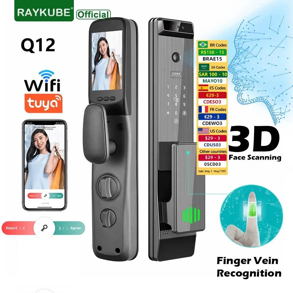 

Q12 Tuya WiFi Finger Vein Recognition&3D Face Smart Door Lock with Built-in Peephole HD Screen Camera 24H Photo Capture