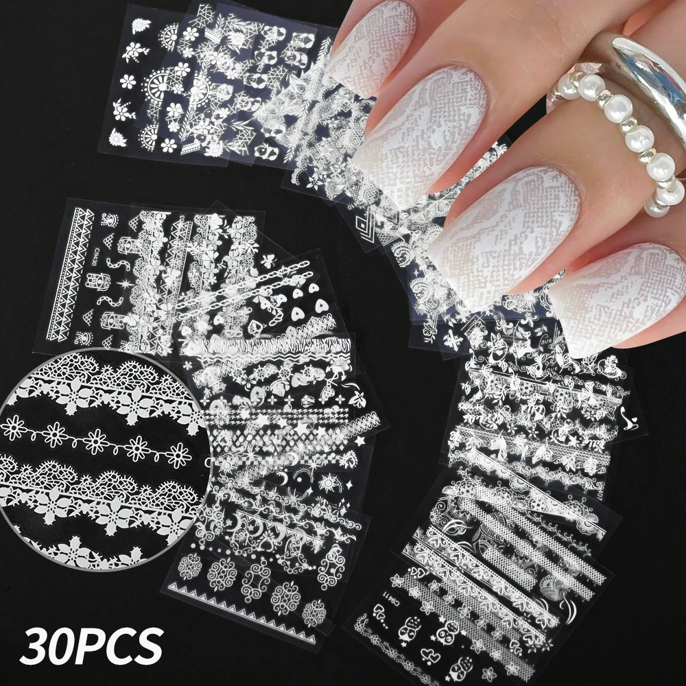 30pcs White & Black Lace Nail Art Stickers Flower & Star Designs Self-Adhesive Manicure Nail Foil Decoration Art Supplies
