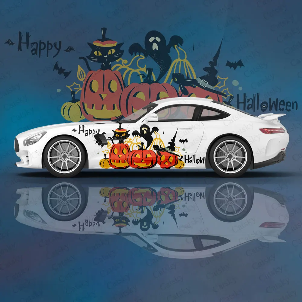 

Halloween Pumpkin Print 2pcs Truck Car Sticker Decal Hood Door Body Side Sticker Decoration Halloween Bat Car Accessories Gift