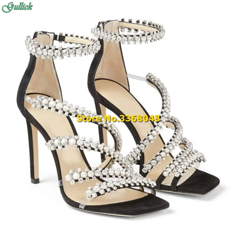 

Босоножки с блестящими стразами на ремешках, черные, с пятью ремешками, на молнии сзади, на тонком высоком каблуке, с квадратным носком, модная летняя женская обувь, 2023