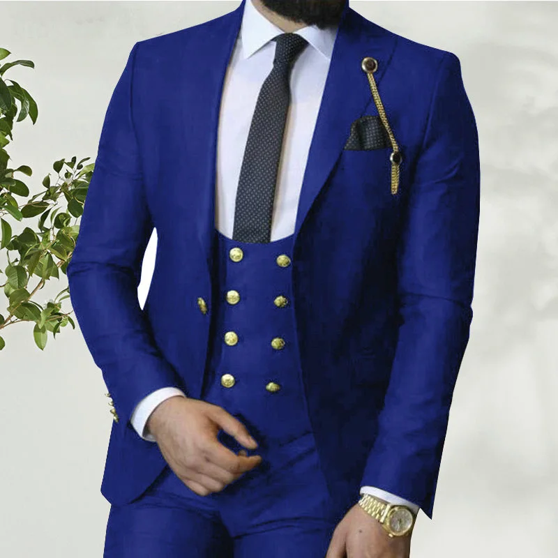 2021 Costume Homme Italian Business Slim Fit 3 Pieces Royal Blue Men\'s Suits Groom Prom Tuxedos Groomsmen Blazer for Wedding