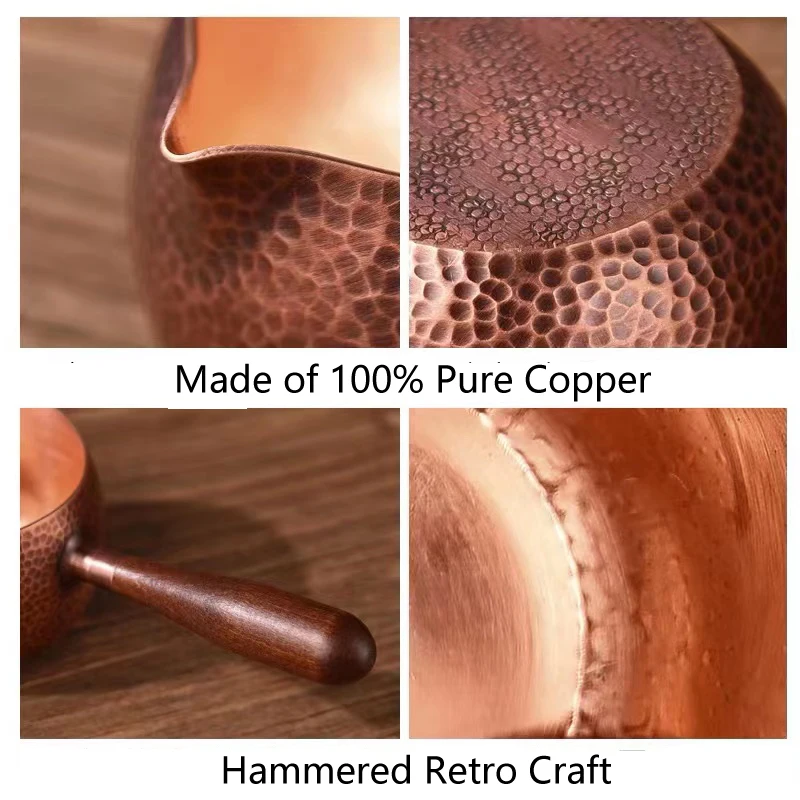 Pure Copper Pitcher Jug, Tea Pot with Wooden Handle, Kettles Hammer, Handcraft Drinkware, Retro, 500ml