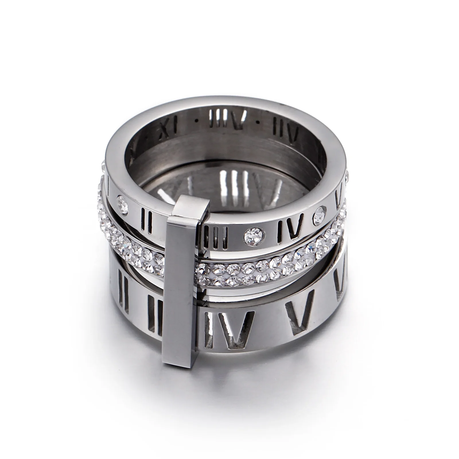 Women's Roman Numeral Ring - Stainless Steel With Cubic Zirconia, Stackable Promise Or Wedding Band