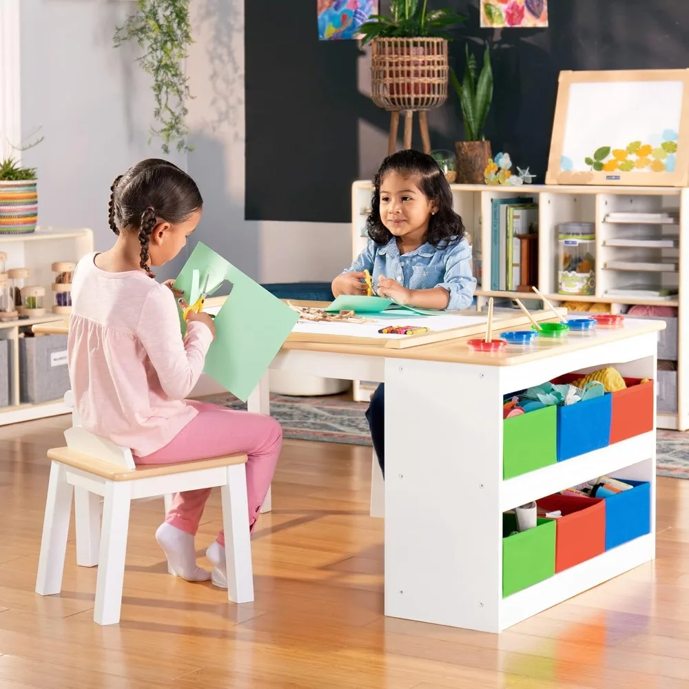 Arts and Crafts Center: Kids Activity Table and Drawing Desk with Stools, Storage Canvas Bins, Paper Roller, Paint Cups