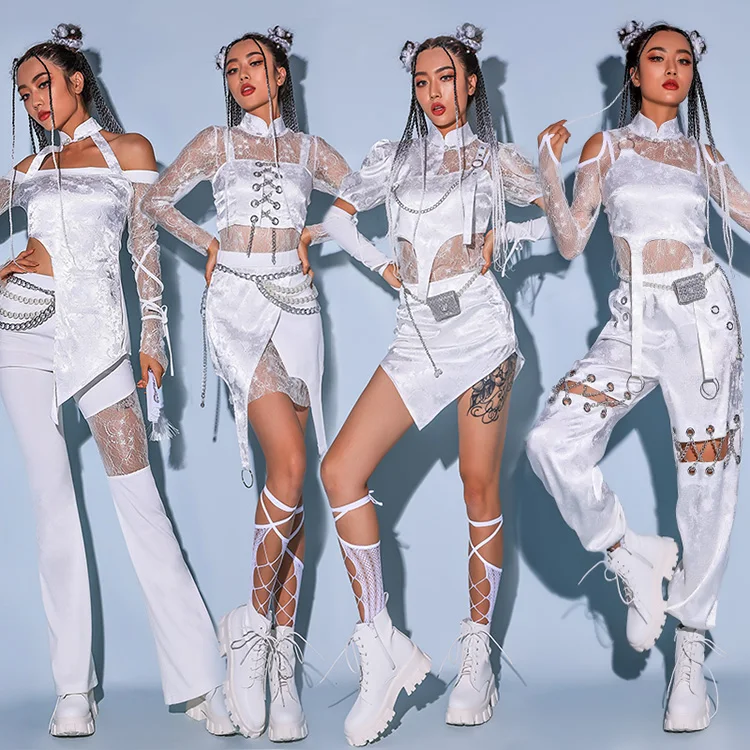 

Hip Hop Clothes Korean Singer Stage Costume New Style Jazz Dance Suit Sexy White Lace Gogo Dancer Outfit Dj Ds Rave Wear