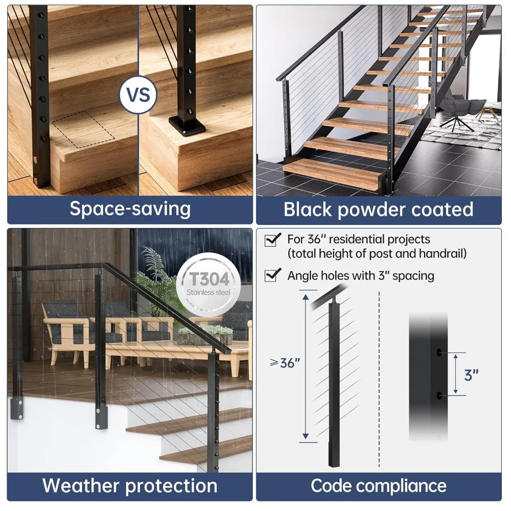 Black Side Mount Stair Cable Railing Post 36 Inch for 25-35 Degrees Stair  Patent Design for Both Left 4