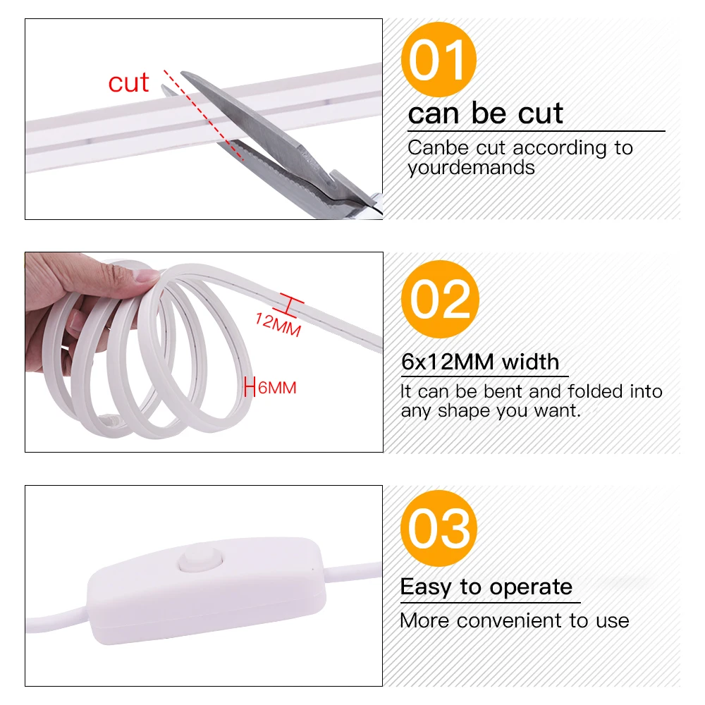 USB Led Strip Light DC5V Neon Light with ON OFF Switch Flexible Neon Sign 2835 120Leds Waterproof Neon Rope Backlight Decoration