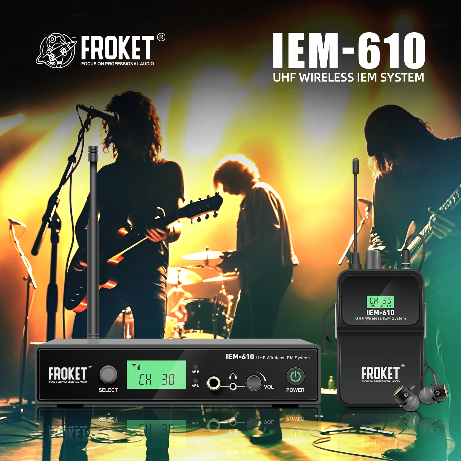 FROKET IEM-610 UHF Wireless In-ear Monitoring System Frequency 530-580MHZ for Outdoor Performance Recording Band Drummer