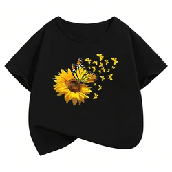 Butterfly Flower Design Girls' Summer Short Sleeve T - Shirt - 160 (BLACK)
