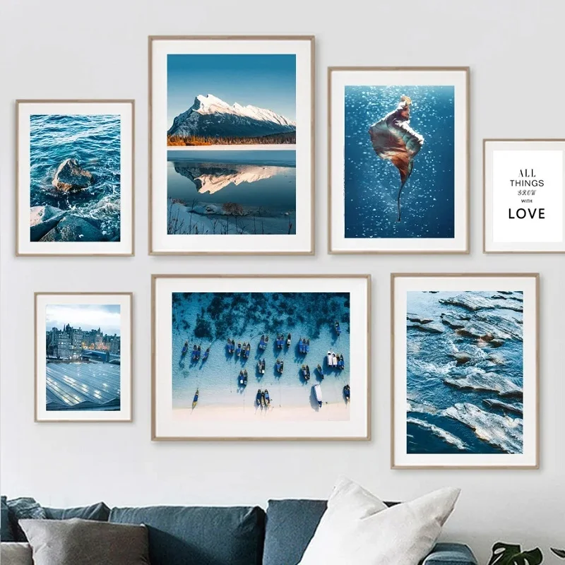 Nordic Art Canvas Painting Reef Beach Boat Foglie Di Montagna Poster Water Landscape Picture Home Living Room Decoration Murale