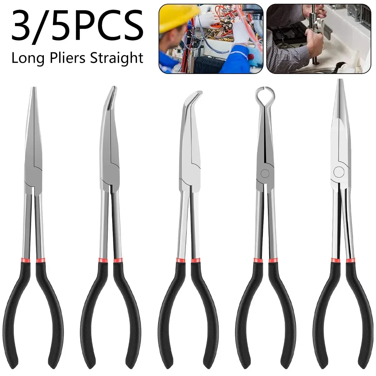 

3/5Pcs Long Nose Pliers Carbon Steel Non-slip Straight Plier 25/45/90 Degree Bent Nose Pliers for Machinist Engineer Hand Tools