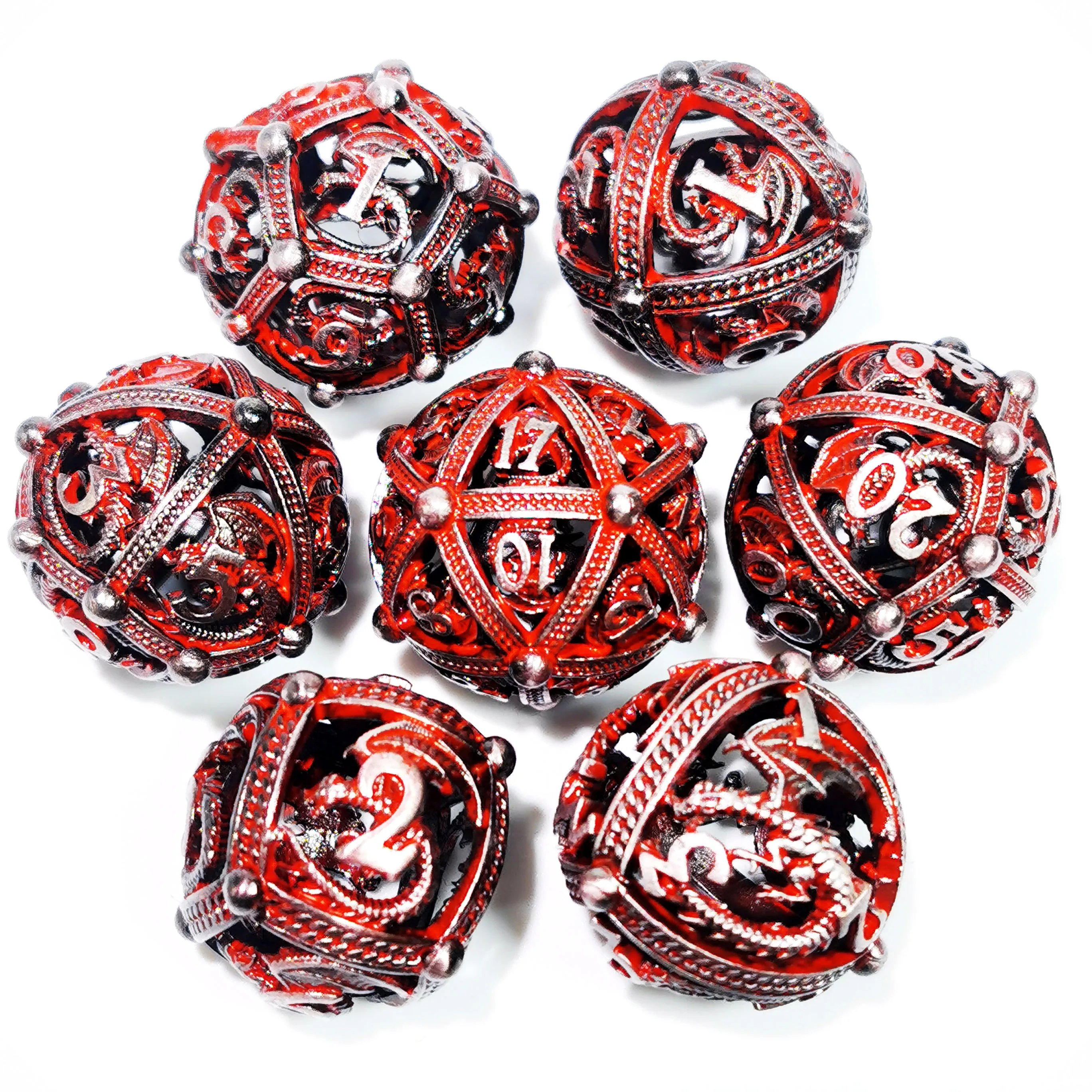 DnD Dice Set - 7 Piece Zinc Alloy Metal Hollow Dice, Red Pattern for RPG & Tabletop Games 5