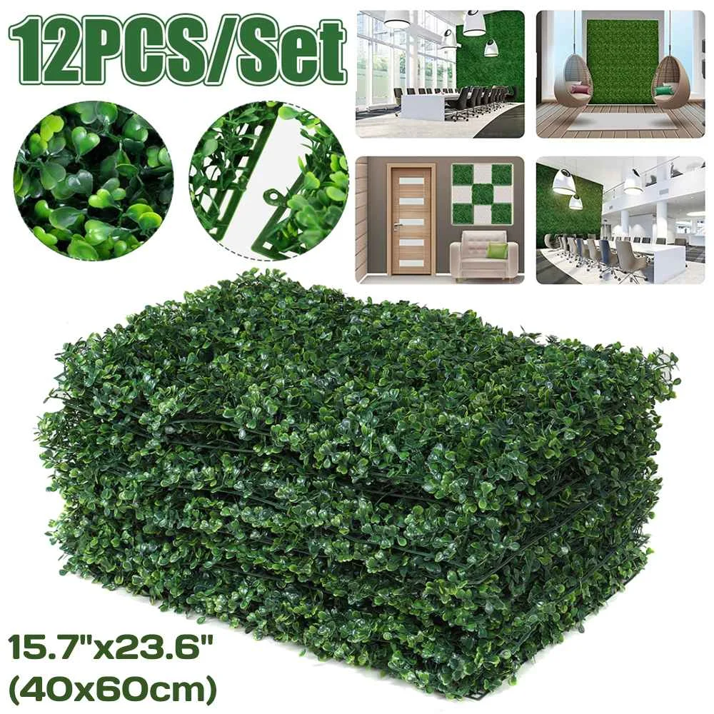 

12Pcs Artificial Plants Grass Wall Panel Boxwood Hedge Greenery UV Protection Green Decor Privacy Fence Backyard Screen Wedding
