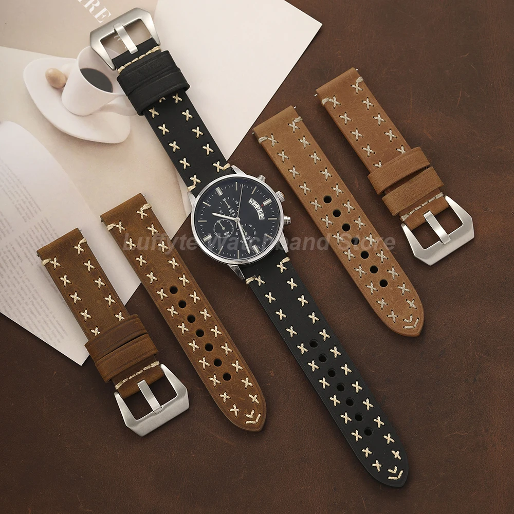 Vintage Thick Genuine Leather Watch Strap Bracelet with Pin Buckle
