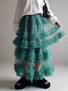 Women's Tulle A-Line Long Skirt High Waist Sheer Mesh Tiered Ruffled Skirt for Summer Spring 1
