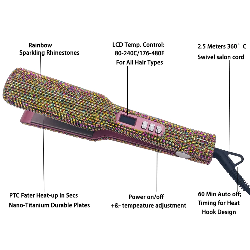 Hair Straightener Plancha Para Cabello 2 Inch Flat Iron with Rhinestones Professional Titanium Straightener Iron Heat-up 480℉ 2