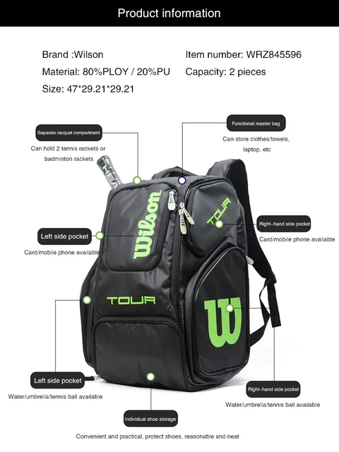 Wilson Tennis Bag Holds 2 Tennis Rackets Tennis Backpack
