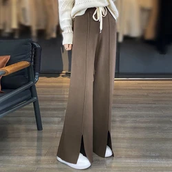 Winter 2023 New Women's Woolen Fleece Warm Pants Elastic Waist Drawstring Autumn Chic Female Casual Mid Line Slit Wide Leg Pants