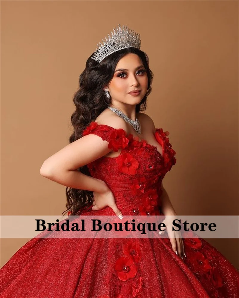 Quinceanera Dresses Red Sparkly Ball Gown 3D Flower Applique Off Shoulder Sweet 15 16 Dress Birthday Party Wear