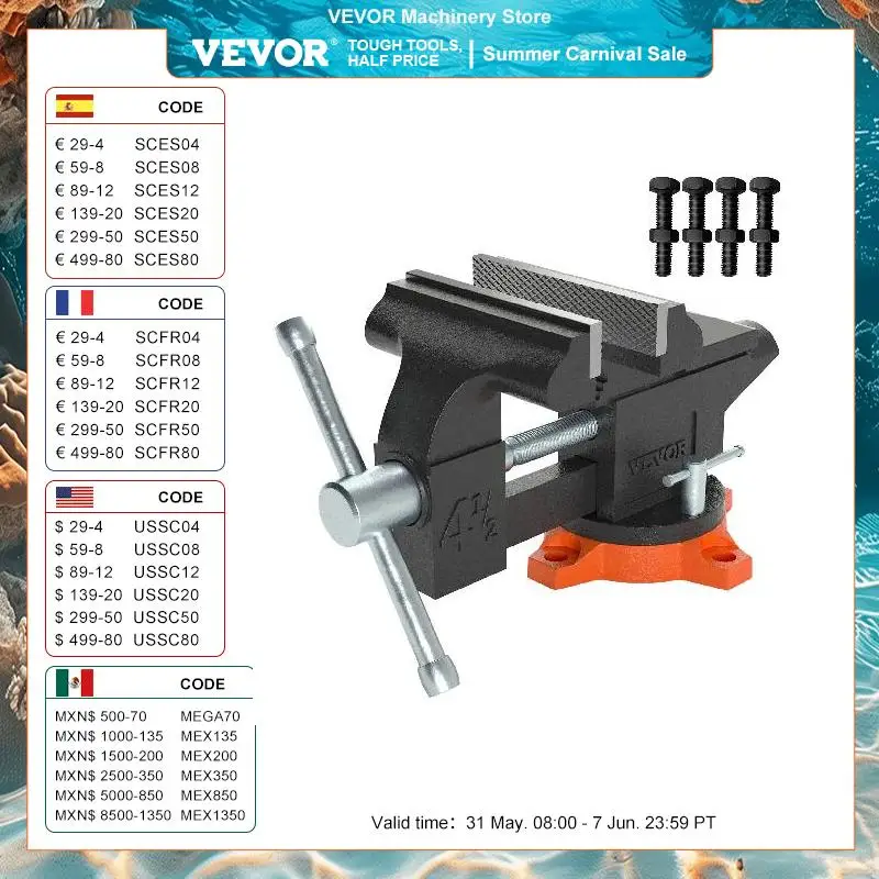 VEVOR Bench Vise 4.5" 6" 6.5" Multipurpose with Swivel Base & Anvil Heavy Duty Cast Iron for Drilling, Conduit Cutting, Sanding