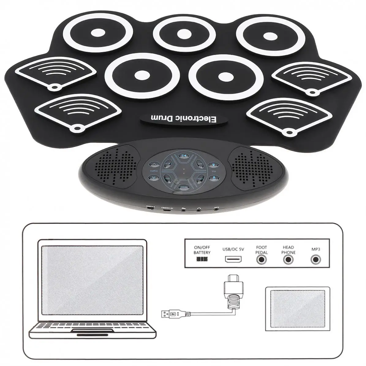 Electronic Drums 9 Pads Electronic Roll up Drum Thicken Silicone Double Speakers Stereo Electric Drum Kit