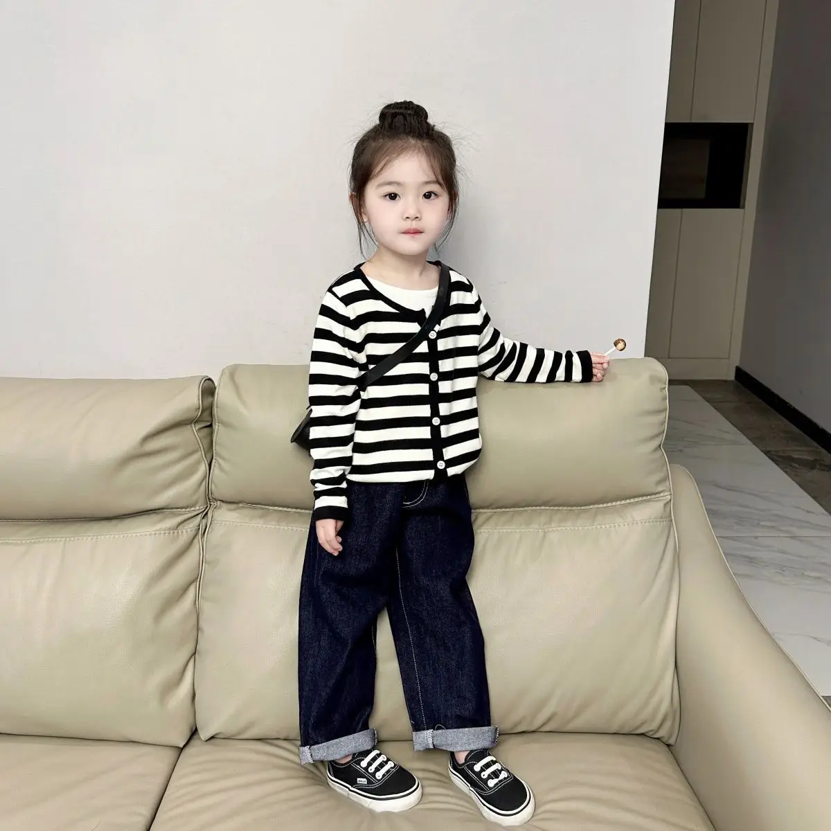 

23206 Fake Two Pieces Black White Striped 2024 Girls Spring And Autumn Cardigan Sweater Outerwear