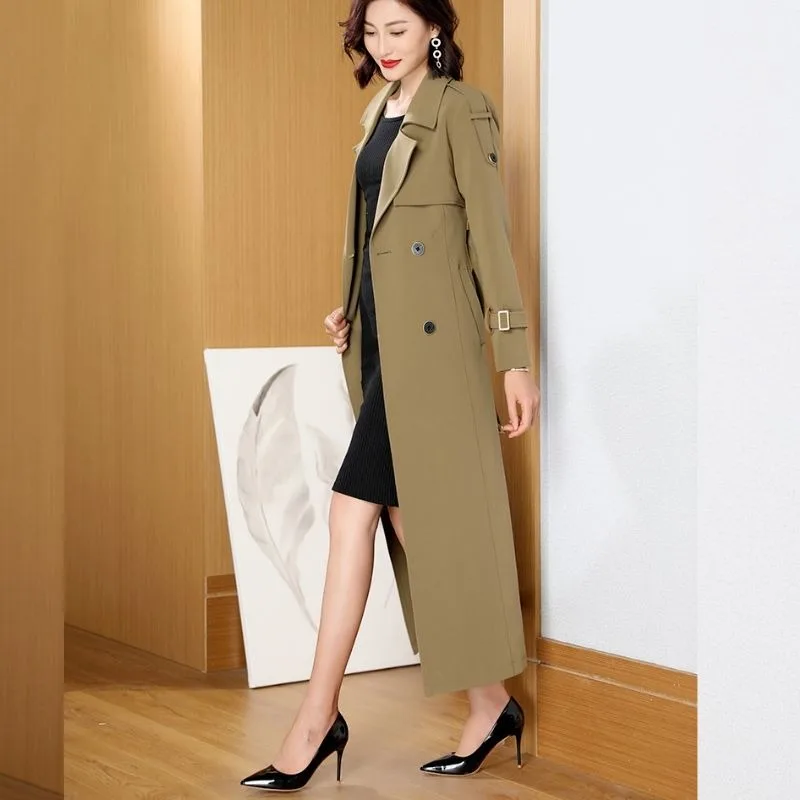 2023 Autumn New Women Long Knee-Length Trench Coat Female Temperament Leisure High-End Outwear Fashion Casual Solid Color Parkas