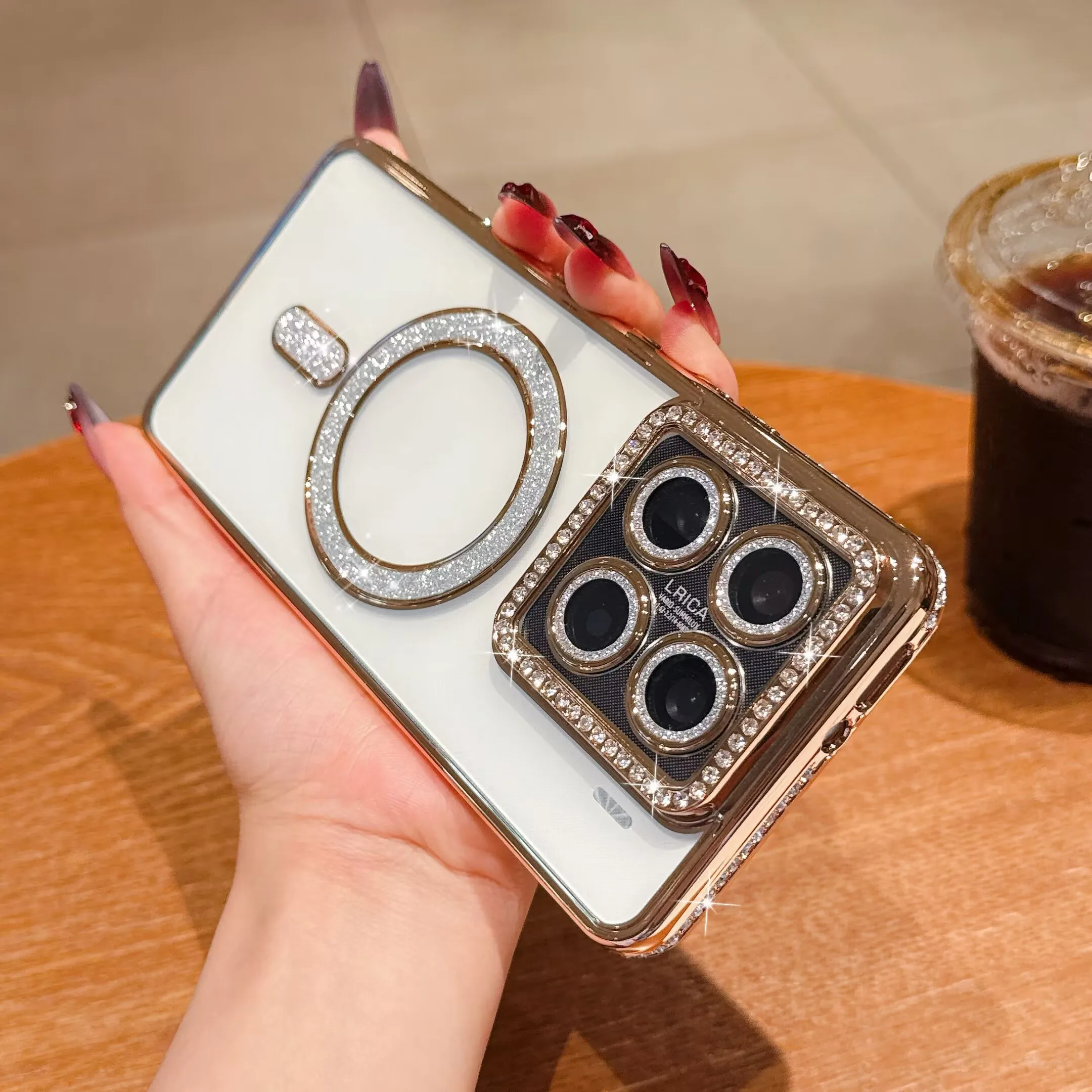Crystal Clear Bling Magnetic Wireless Charging Phone Case with Lens Film Cover