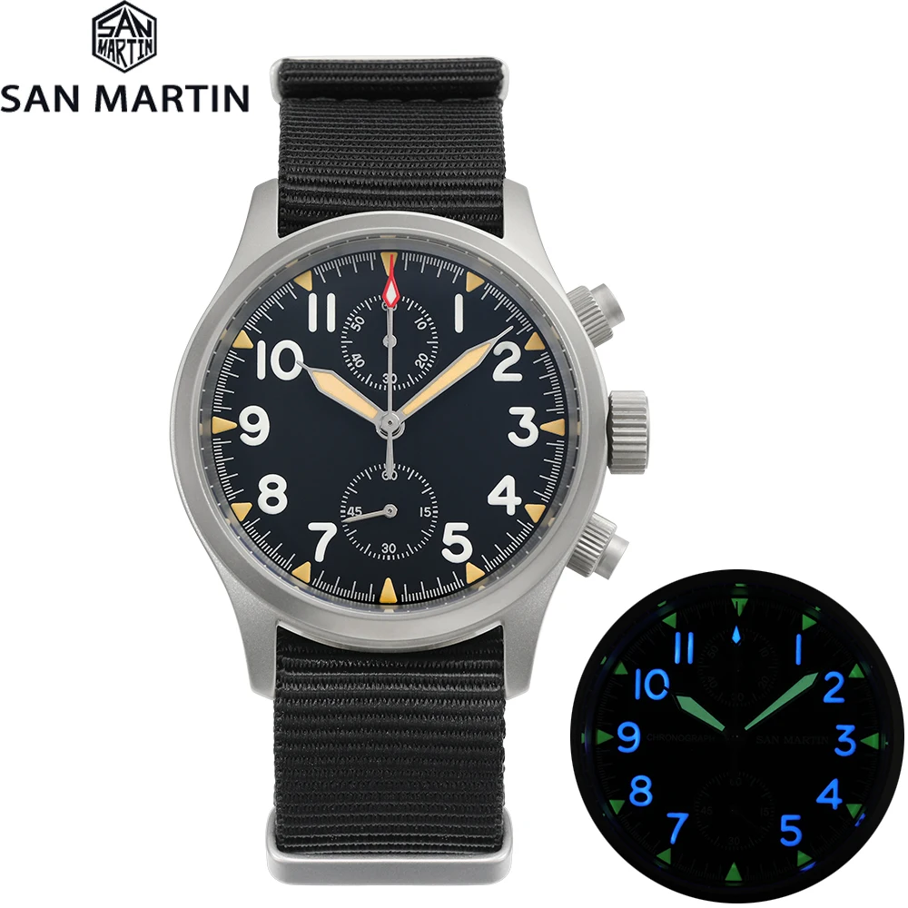 San Martin 37Mm Cronografo Da Uomo Orologi Vintage Military Pilot Movimento Al Quarzo Orologio Bead Blasted Case Impermeabile 100M Luminoso