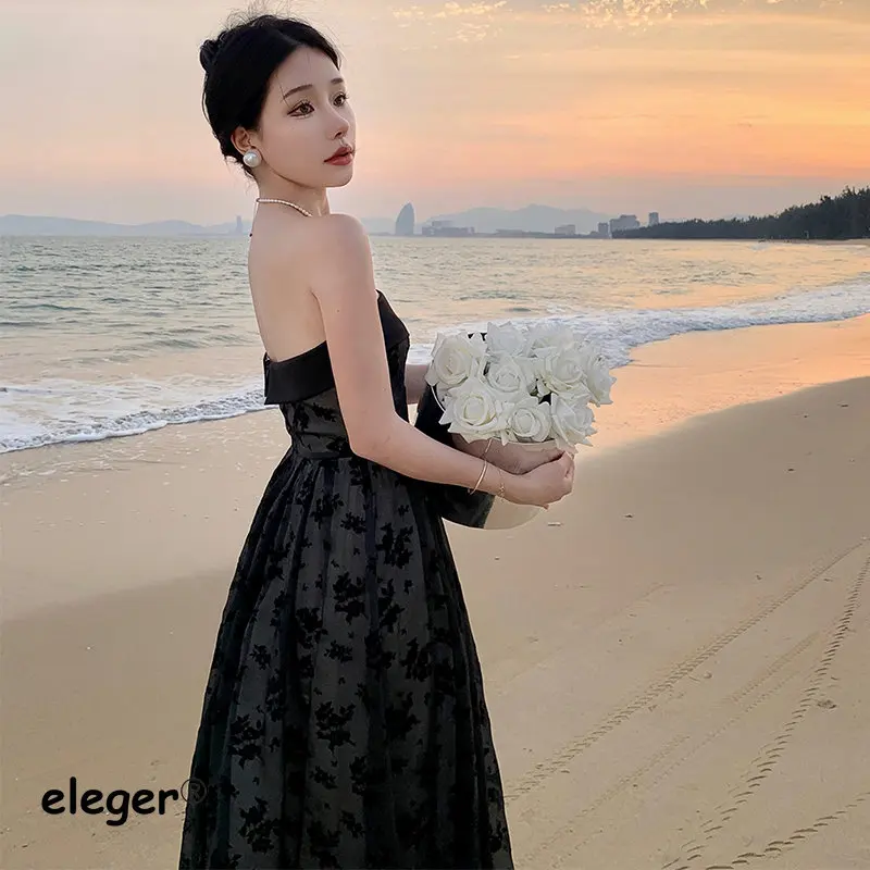 

Women's Summer Formal Jacquard Black Luxury Long Women Dress Slim Strapless Party Wedding Guest Prom Midi Sexy Voile 2023 New