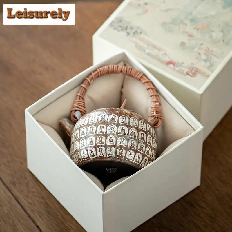 230ml Retro Old Rock Mud Teapot Gilded Silver Buddha Vine Weaving Lifting Beam Pot Tea Brewing Kettle Chinese Tea Set Collection