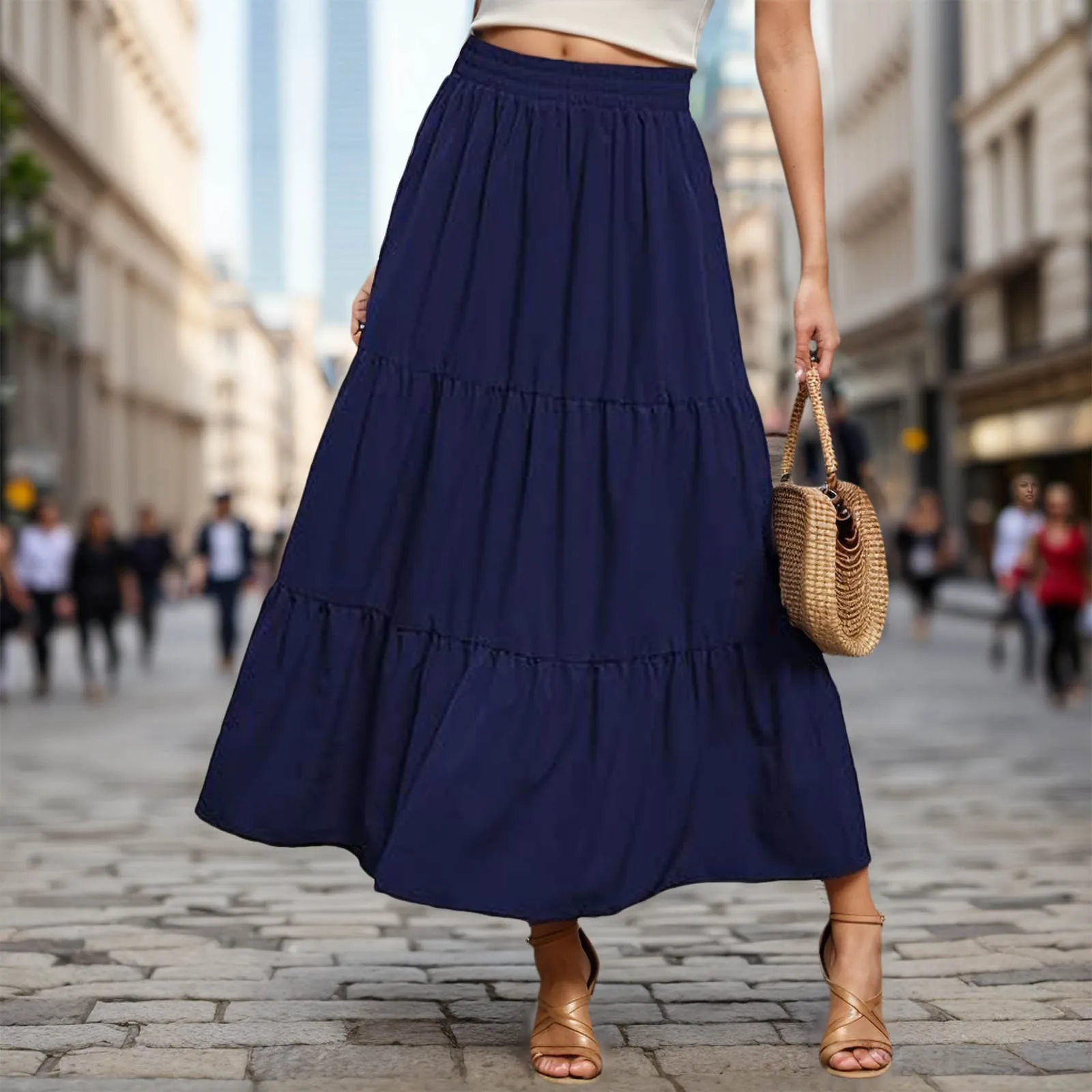 

Spring Summer Women Chiffon Skirts Vintage High Waist Elastic Patchwork White Black Chic Long Cake A-line Skirt for Student